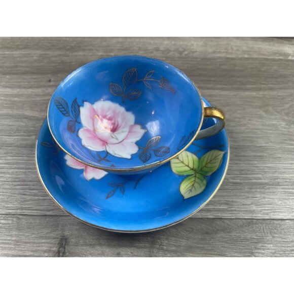 Vintage Occupied Japan Teacup & Saucer Hand Painted Blue Floral Taiyo China - Picture 1 of 11